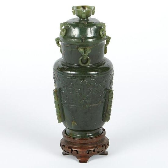 Chinese Spinach Jade Urn w/ Stand