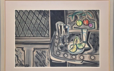 Claude Venard (FRENCH, 1913–1999) watercolor on paper, Still Life. 25 x 36 inches sight size