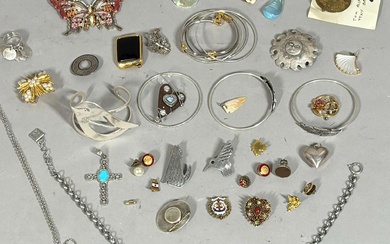 Collection of costume jewelry including pins, pendants, tie tacks, silver tone bracelets and necklaces: Contemporary Napier pin/brooch, varying style of pins include pewter sunburst, floral, rhinestone, faux pearl, he...