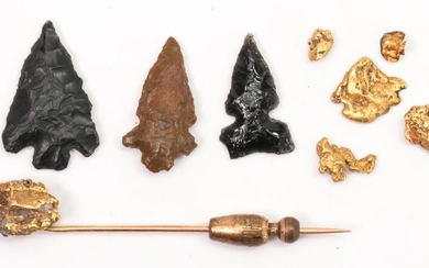 Collection of natural gold nugget and arrowhead items