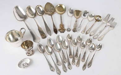Collection of silver cutlery and children's mugs. (29)