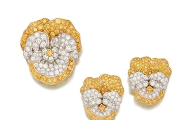 Colored Diamond and Diamond 'Pansy' Brooch and Pair of Earclips, Oscar Heyman & Brothers