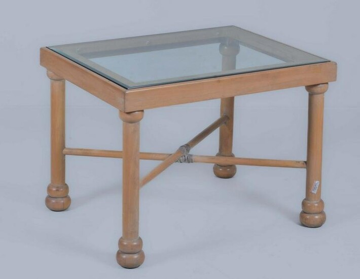 Contemporary blond walnut glass top side table