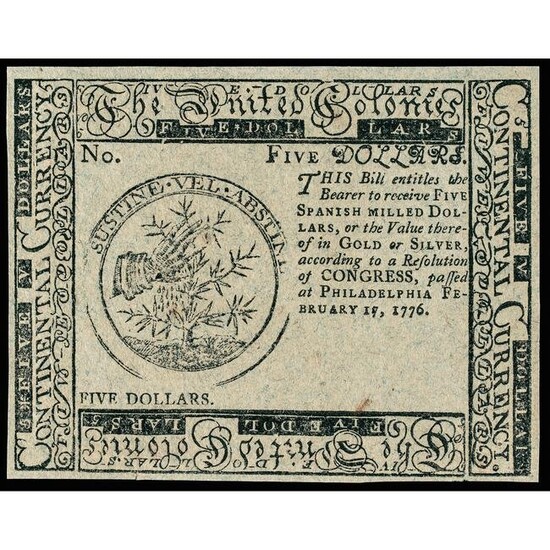 Continental, Feb. 1776 $5 Blue Detector Gem CU
