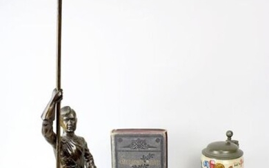 Convolute Studentika, late 19th century, consisting of: Jug of the Hannoverania fraternity, with coat of arms, motto and date. 1897, h: 15 cm; regular figure of a fraternity member in full cum, holding a flagpole, but without the flag, on marble base...