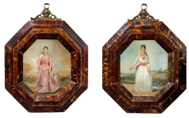 Coppia di piccoli dipinti raffiguranti personaggi femminili