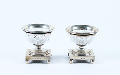 Coppia di saliere in argento profilato a palmette, basi con piedi a sfera, montatura in cristallo sfaccettato. Novara, secolo XIX…