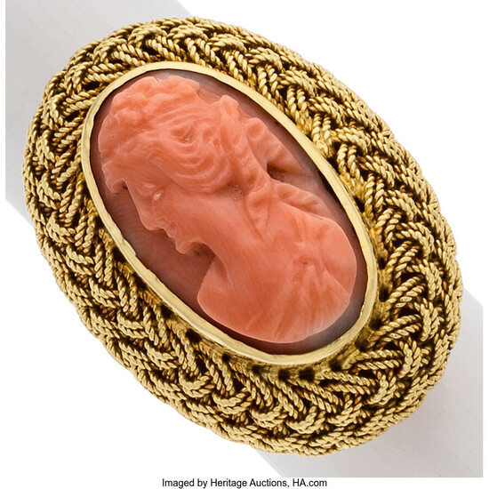 Coral, Gold Ring Stone: Carved coral cameo Metal: 18k...
