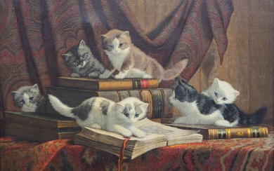 Cornelis Raaphorst (1875-1954), Nieuwsgierige kittens op een stapel boeken