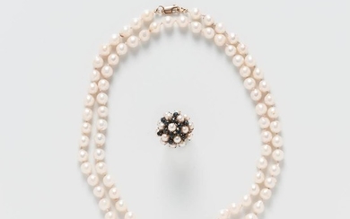 Cultured Pearl Necklace and a 14kt Gold, Pearl, and Sapphire Cluster Ring