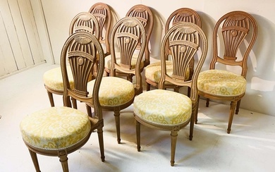 DINING CHAIRS, a set of eight, Louis XVI style balloon backe...