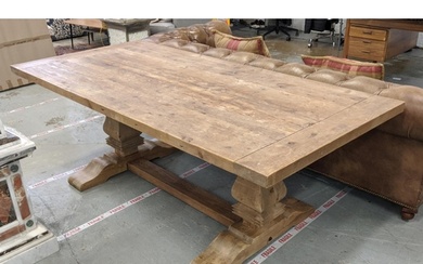 DINING TABLE, pine construction on two shaped pillar support...