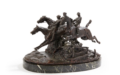 D’après Eugène Alexandrovitch Lanceray (1848-1886) Steeple-chase Bronze à patine brun rouge, fonte ancienne Porte une...