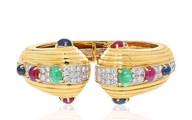 David Webb 18K Yellow Gold Diamond Cabochon Oval Cut Emerald Ruby Sapphire Hinged Bracelet
