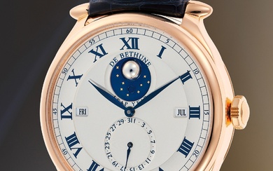 De Bethune, Ref. DB15RT A "new old stock", important, and innovative pink gold perpetual calendar wristwatch with spherical moonphase display, guarantee, and presentation box, numbered 007