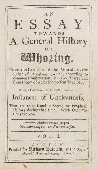 Debauchery.- An Essay towards a general history of whoring..., vol.1 [all published], first edition, 1697.