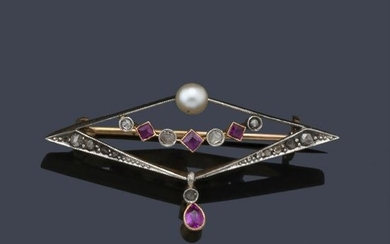 Delicate 'art deco' brooch with rubies, diamonds and