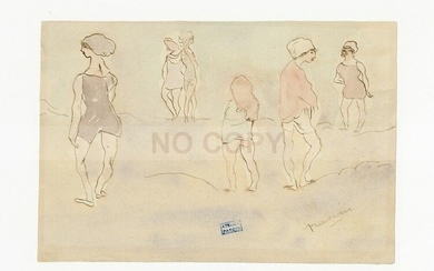Dessin original encre brune lavis d'aquarelle "Six femmes légèrement vêtues" (sans doute des femmes prostituées faisant le trottoir)