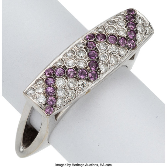 Diamond, Pink Sapphire, White Gold Ring The ring features...