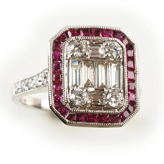 Diamond, Ruby, 18k White Gold Ring.