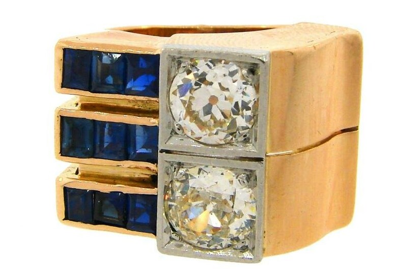 Diamond Sapphire Rose Gold Retro Ring, French 1940s