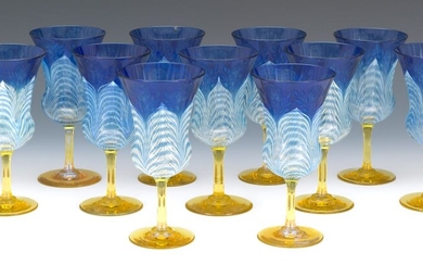 Durand Peacock Feather Etched Rose Goblets