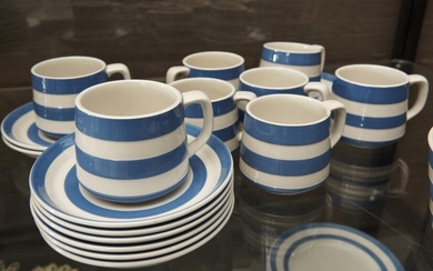 EIGHT BLUE AND WHITE CORNISHWARE TEA CUPS AND SAUCERS, LEONARD JOEL LOCAL DELIVERY SIZE: SMALL
