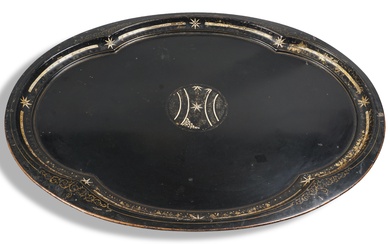 ENGLISH BLACK TOLE TRAY BY JAMES SHOOLBRED, 19TH CENTURY Width: 28 in. (71.1 cm.)