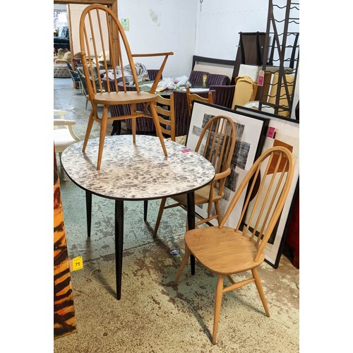 ERCOL CHAIRS, a set of three, 97cm H with dining table, 119c...