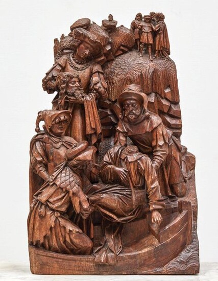 EXCEPTIONAL LARGE RETABLE GROUP in carved oak with minute traces of polychromy representing the Translation of the body of Saint James in Galicia. In the foreground, the body of the beheaded Saint James is carried by two of his disciples; on the left...