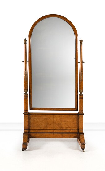Early 19th C French Burr Elm Cheval Mirror. With Kingwood inlay. The arched