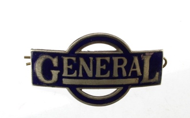 Early "General" white metal & blue enamel bus badge, has 2 l...