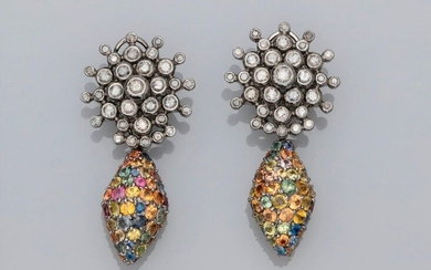 Earrings in white gold, 750 MM, each adorned with a diamond-studded "spike" motif with a drop covered with multicoloured sapphires, total length 4.5 cm, diameter 2.10 cm, weight: 28.77gr. gross.