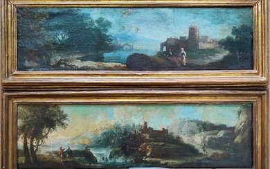École Italienne du XVIIIème Ensemble de deux huiles sur toile représentant des paysages lacustres Haut;...