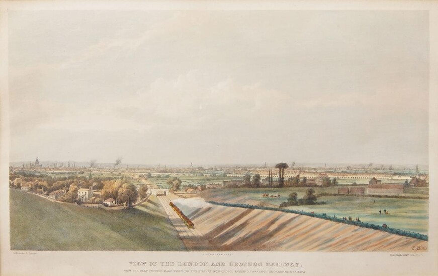 Edward Duncan RWS, British 1803-1882- View of the London and Croydon Railway, From the deep Cutting made through the Hill at New Cross, Looking towards Greenwich Railway; hand-coloured lithograph, pub. by Day & Haghe, 1838, 33 x 51.5 cm: together...