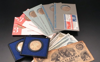 Eight U.S. Mint Bicentennial Medals and Foreign and U.S. Currency