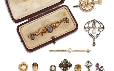 Eight various stickpins and four brooches, stickpins include an Art Nouveau diamond and ruby two stone pin, an Edwardian rose-cut diamond acorn design pin, a 19th century pearl and rose-cut diamond cluster pin, brooches included a late 19th century...