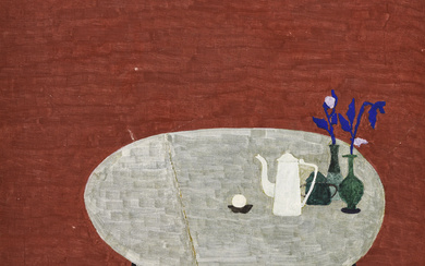 Eleonore Koch (1926-2018), Table avec fleurs et théière, 1971, tempera sur toile, signée et datée "11.71", 50,5x58,5 cm Provenance: Coll