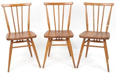 Ercol, three mid century light elm 391 chairs