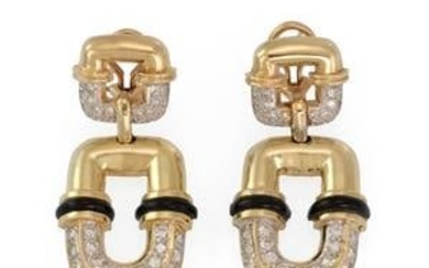 Estate Diamond Onyx 14k Yellow Gold Fancy Drop Earrings
