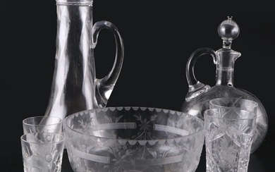 Etched and Cut Glass Pitcher, Decanter, Cups and Bowl
