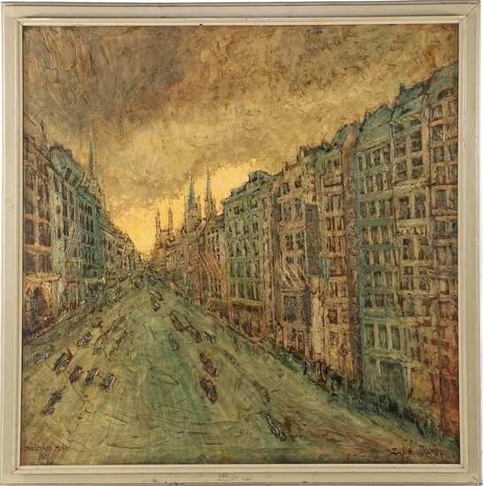 Eugène Jacques Willem Quanjel (1897-1998), Cityscape with cars, Boulevard Michel Paris, board...