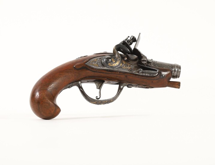 European Cannon Barrel Flintlock Pistol with Gold and Silver Inlay, 18th/19th Century DEC1