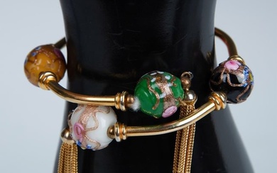 Exotic Tasseled Glass Bead Gold Metal Wrap Bracelet