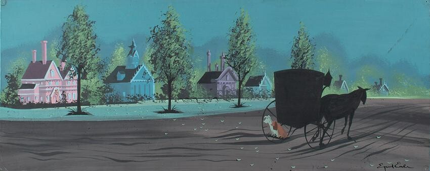 Eyvind Earle concept storyboard painting from Lady and