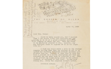FITZGERALD WRITES TO HIS BALTIMORE SECRETARY ABOUT ZELDA. FITZGERALD, F. SCOTT. 1896-1940. Typed Letter Signed (Scott Fitz) mentioning Zelda's institutionalization
