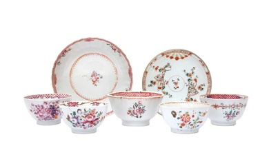 FIVE CHINESE FAMILLE-ROSE CUPS AND TWO SAUCERS 清十八世紀 粉彩杯碟五件