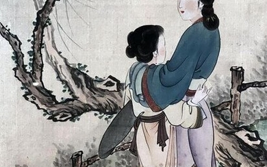 FRAMED CHINESE WATERCOLOR OF BEAUTIES IN GARDEN