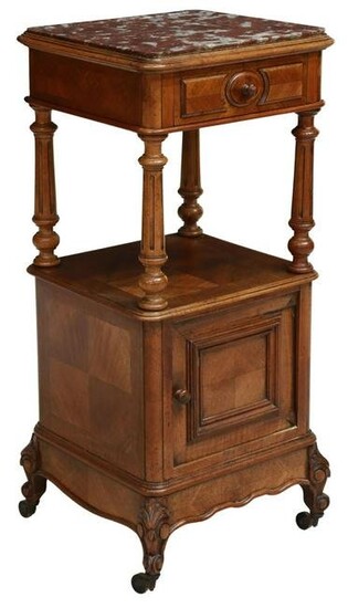 FRENCH MARBLE-TOP WALNUT BEDSIDE CABINET