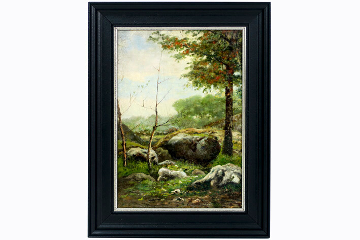 FRENCH SCHOOL - ECOLE DE BARBIZON nineteenth century oil painting on canvas : "Landscape" - 35,5 x 25 with annotation on verso prov : former collection Mrs. Debray - Brussels (1927) |||19th Cent. French "Ecole de Barbizon" oil on canvas - with an...